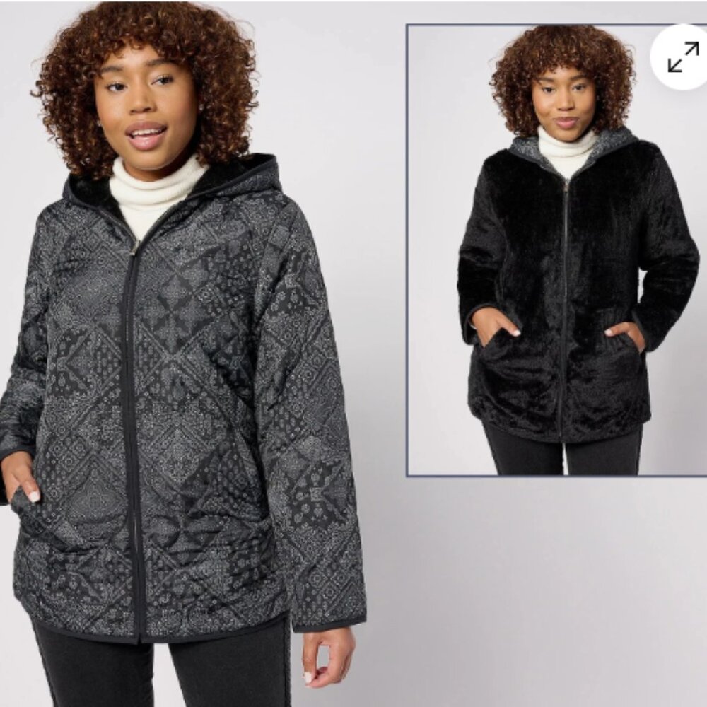 Susan Graver Reversible Woven & Plush Fleece Jacket-Black/Ptchwork-XXS-A620230